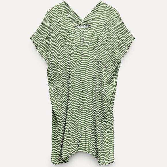 Zara Oversized Top Womens L Green Silk Wavy Stripe Coastal Beachy Mediterranean - Picture 3 of 8